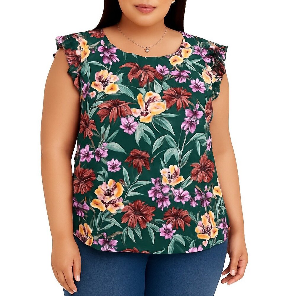 LOFT Petites LP Floral Ruffle Sleeve Blouse Top Green Purple Romantic Spring